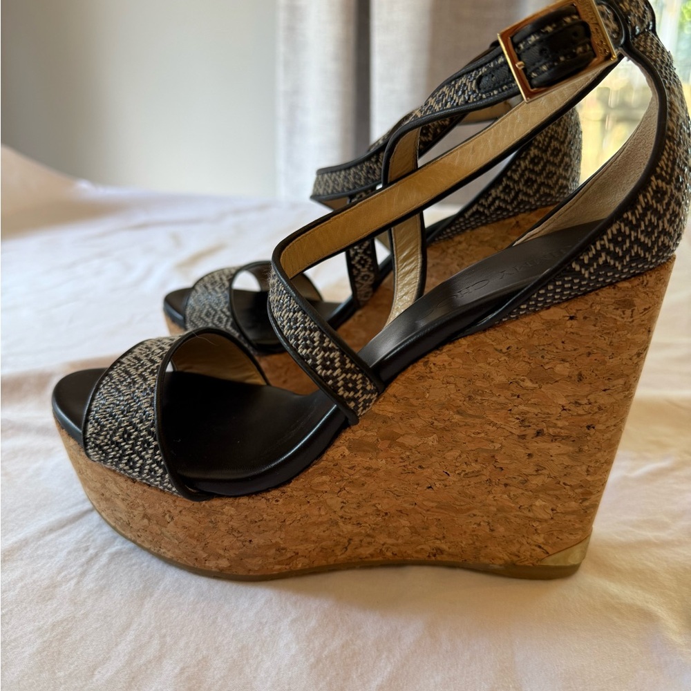 Jimmy Choo Black and Tan Wedge Sandals